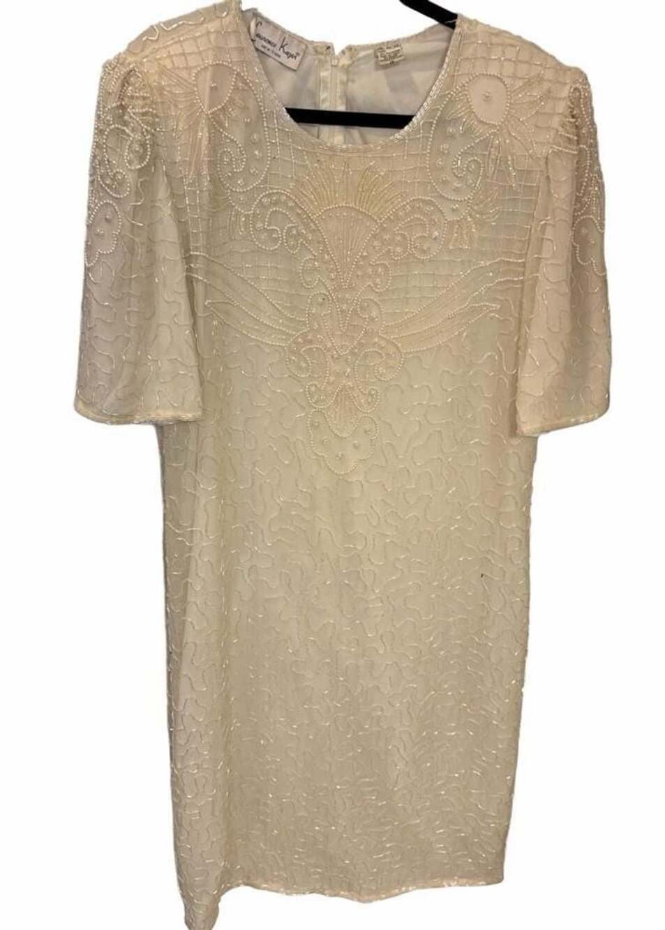Laurence Kazar Beaded Silk Dress Size 1X Ivory Cocktail